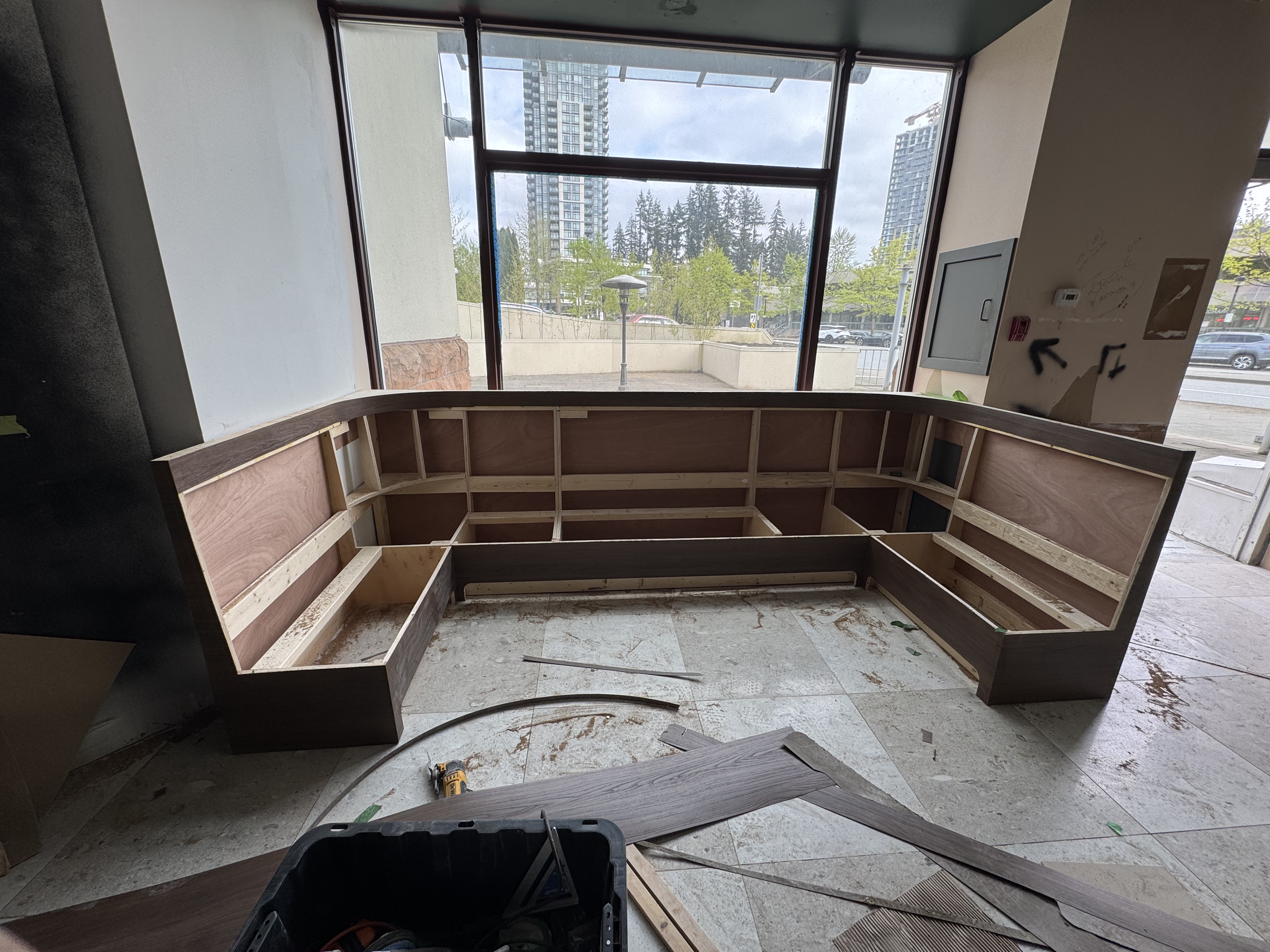 Booth base construction with window view